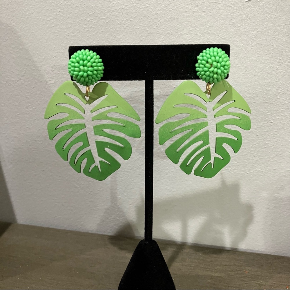 Green Leaf Statement Earrings - Picture 2 of 2